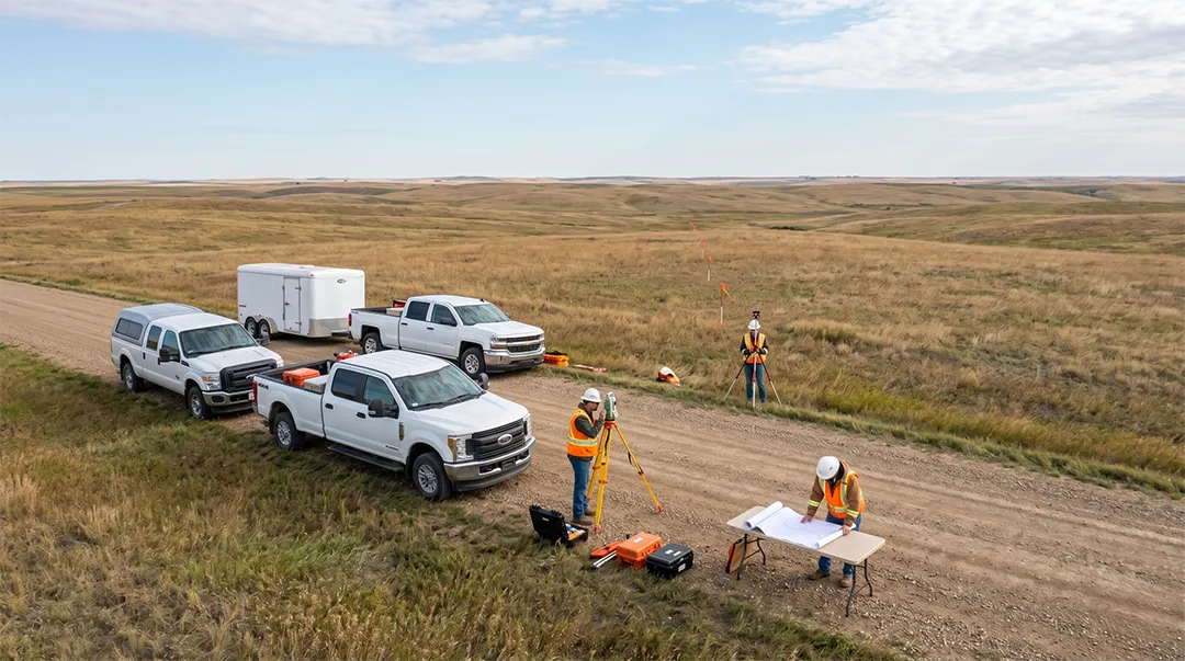 GIS-mapping-engineers-reviewing-digital-and-paper-site-maps-in-rural-North-Dakota