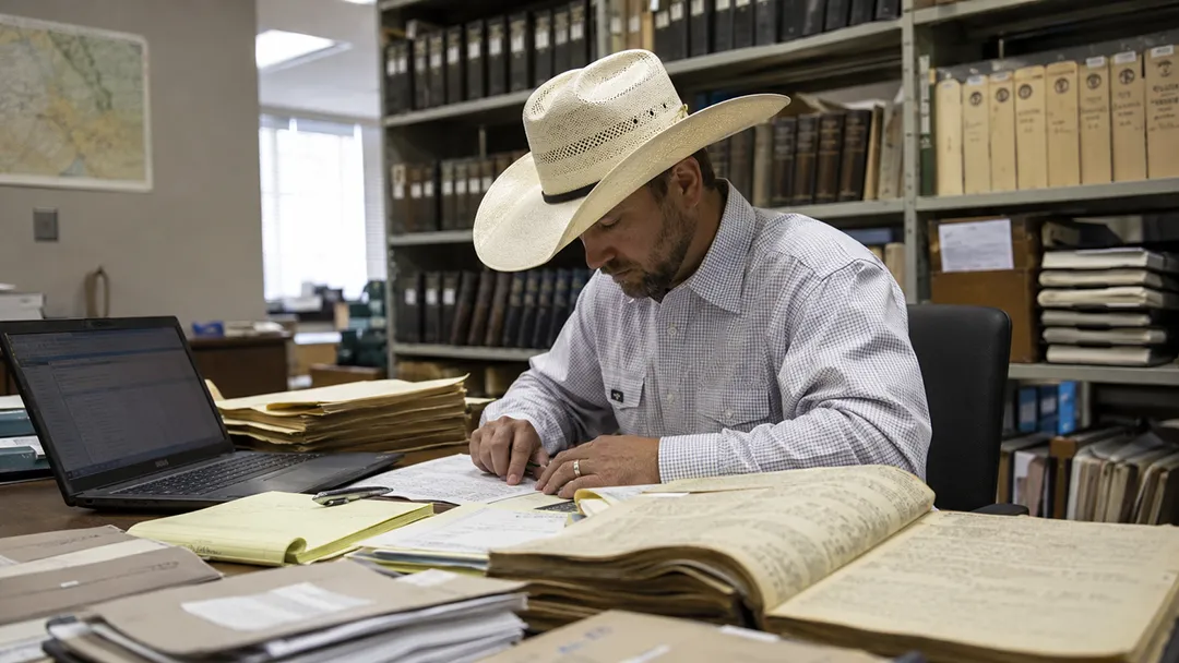 Landman-reviewing-county-courthouse-records-during-mineral-rights-title-research-Mineral-Rights-for-Sale