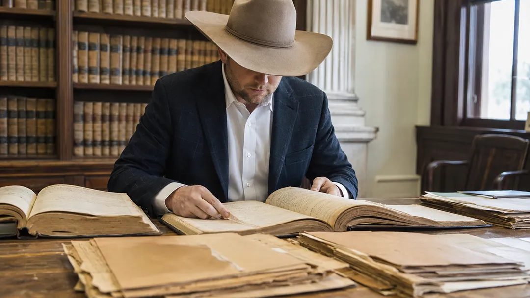 Mineral-rights-title-search-conducted-with-historic-county-deed-records-in-a-courthouse-archive