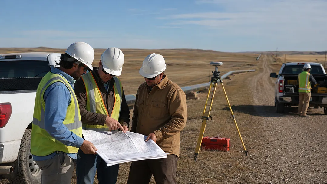 enhanced-oil-recovery-civil-engineers-and-surveyors-reviewing-pipeline-route-maps-in-rural-North-Dakota