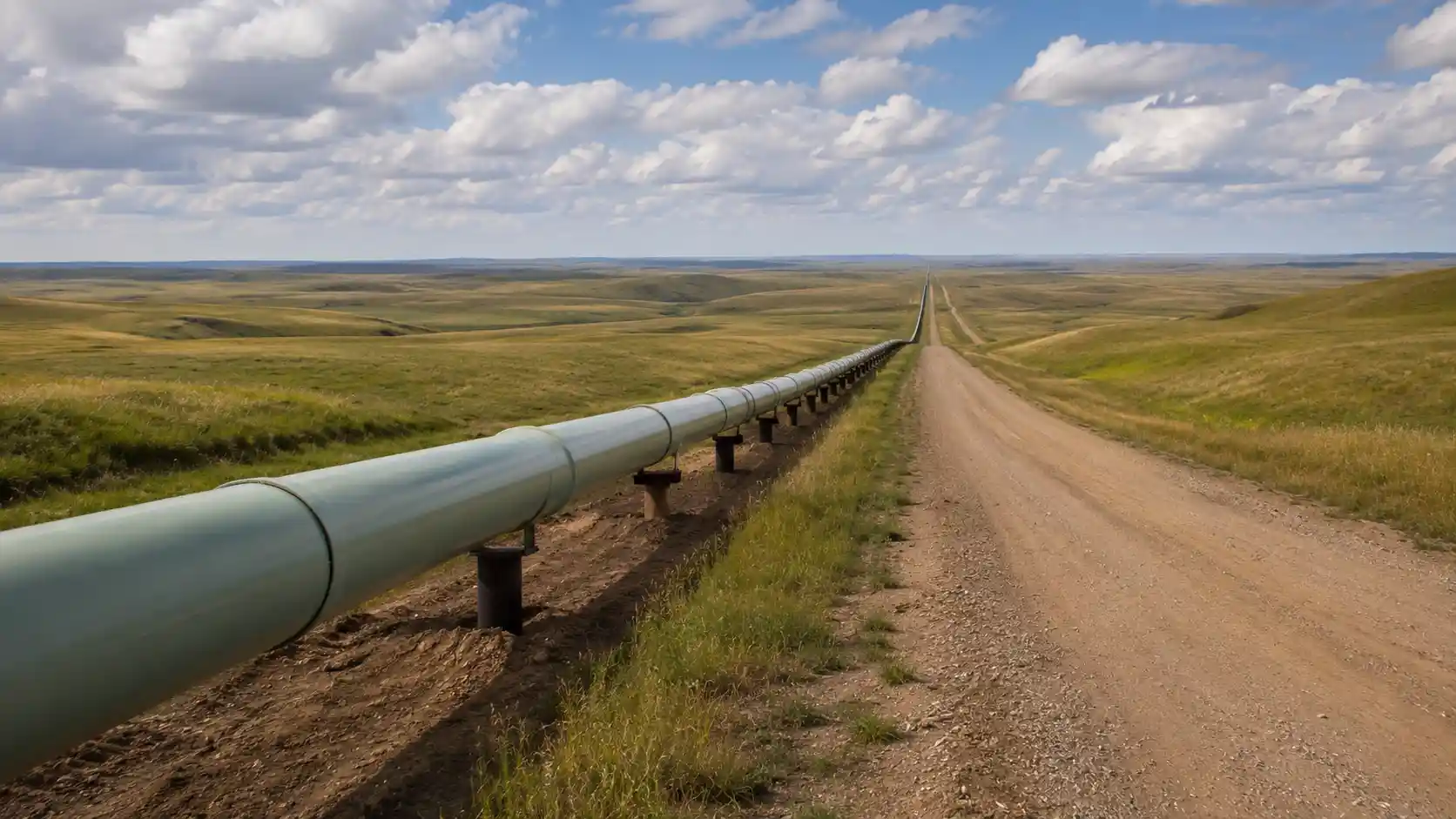 Steel gas transport pipeline corridor running through rural oil play landscape