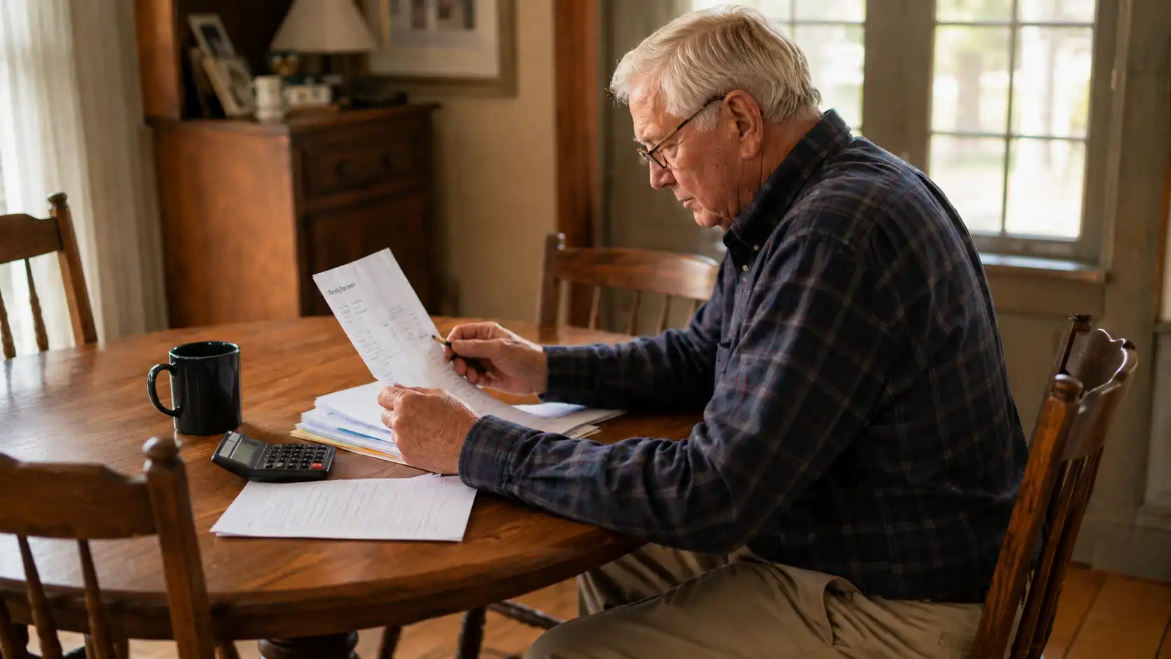 Mineral rights owner reviewing an oil and gas monthly royalty check statement at home