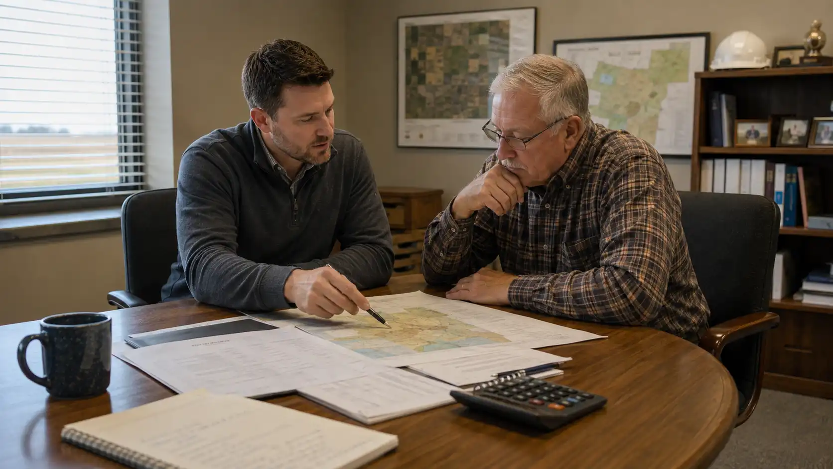 Landowner and mineral advisor reviewing oil lease documents and land parcel maps together