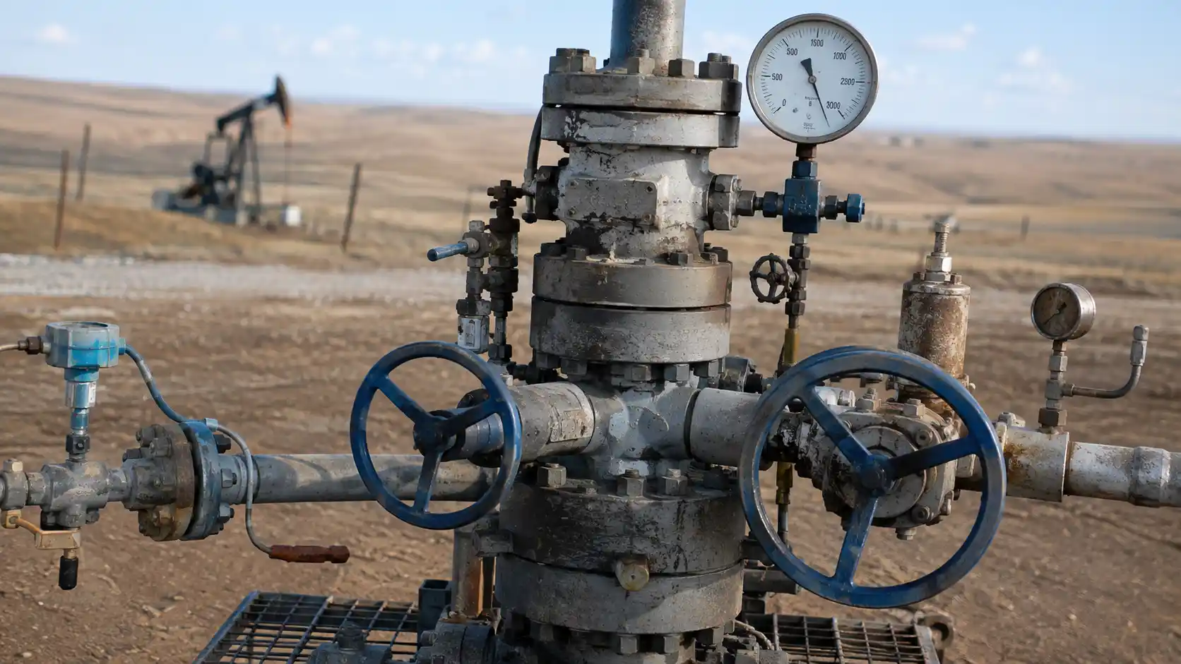 Close up of oil wellhead valves and pressure gauges during field injection operations