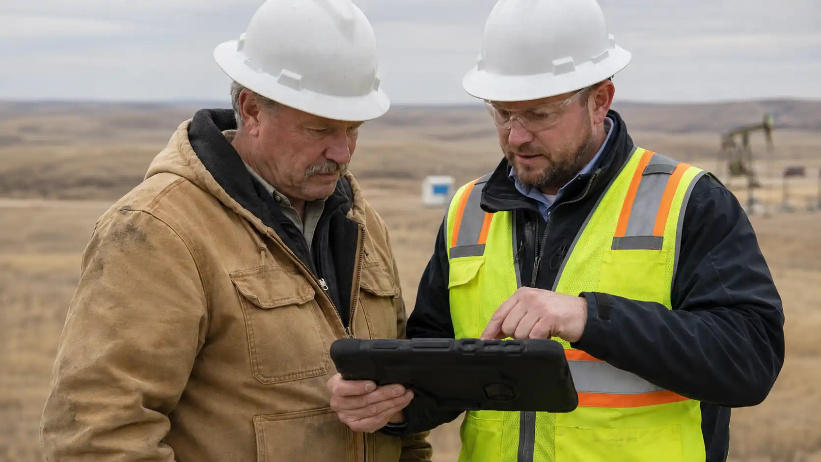 Mineral owner and petroleum consultant reviewing EOR production data on a tablet in the field