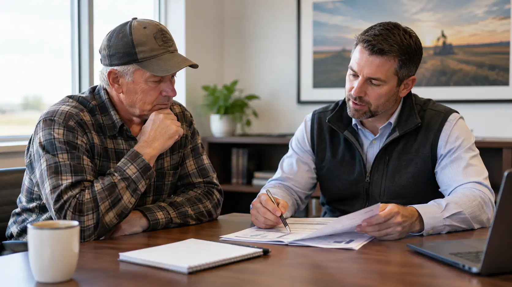 Mineral management advisor reviewing EOR buyout offer calculations with a North Dakota landowner