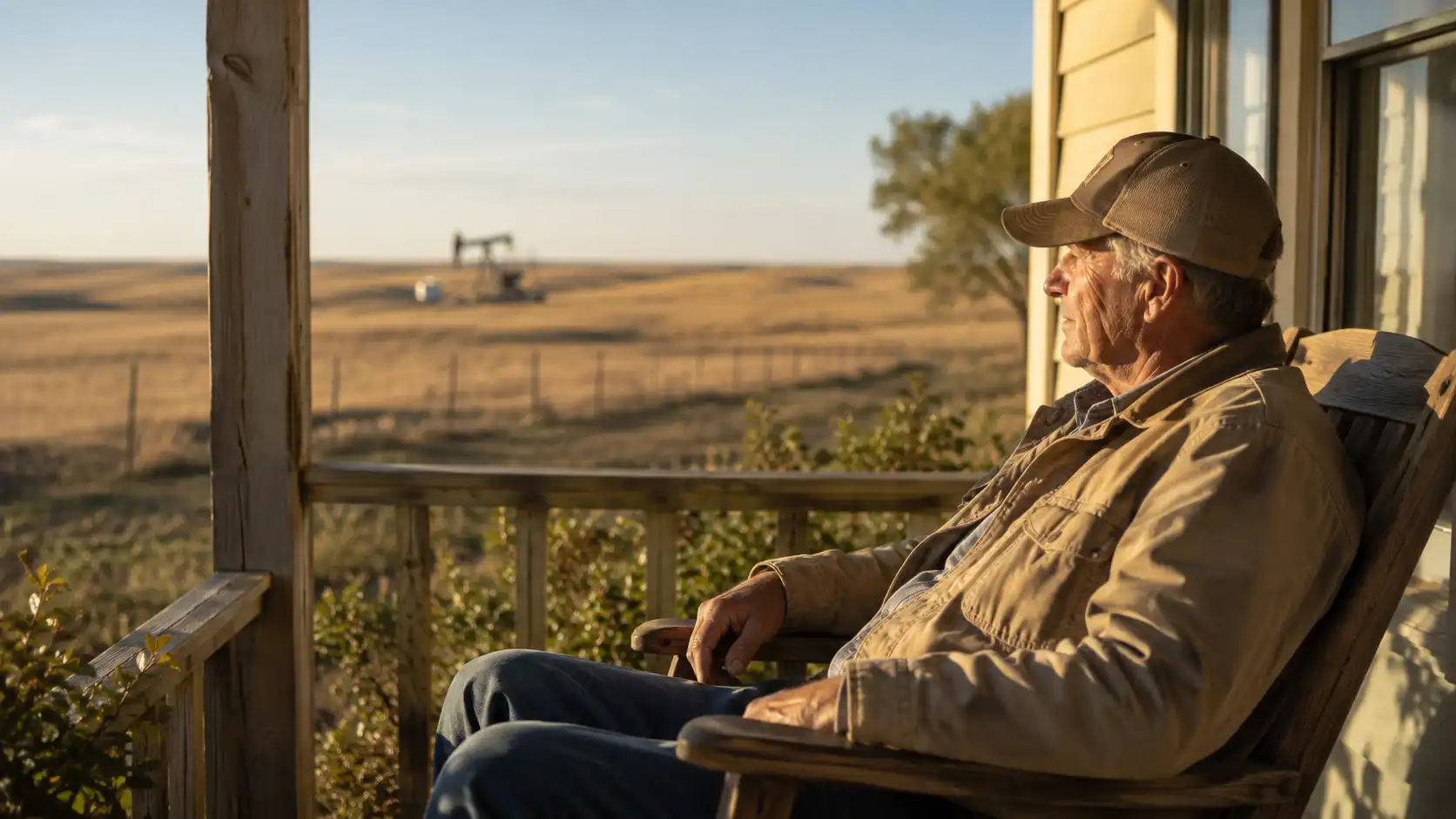 North Dakota mineral owner sitting on his porch viewing long-term oil production on his land