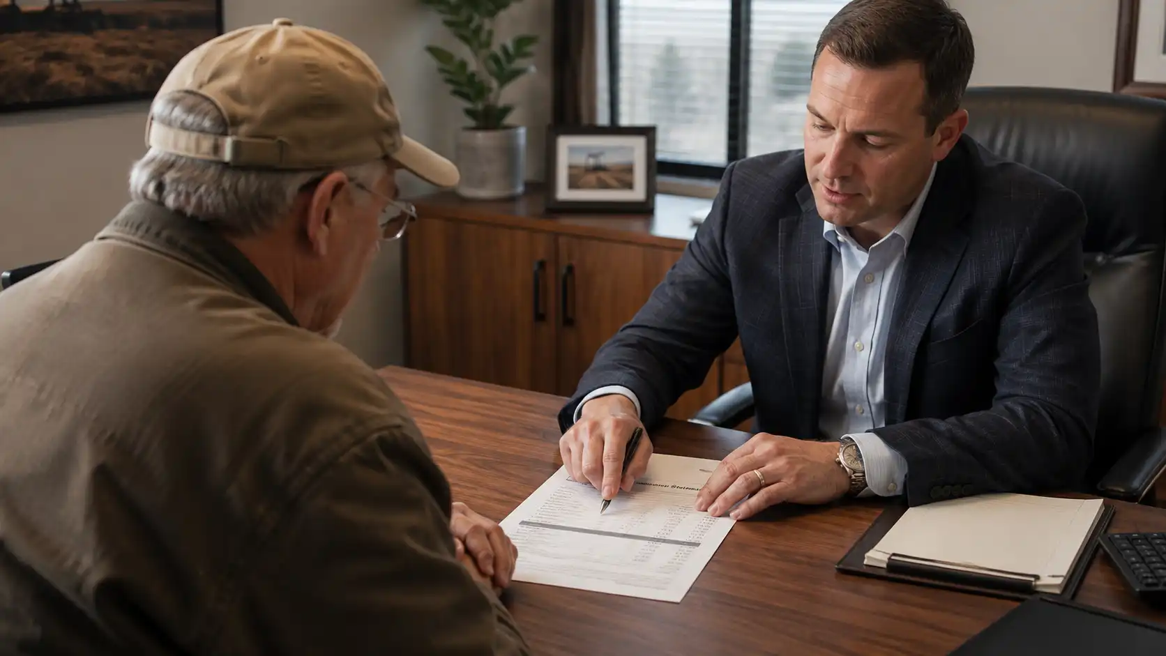 Mineral management advisor explaining EOR royalty deductions and check stub calculations to a landowner